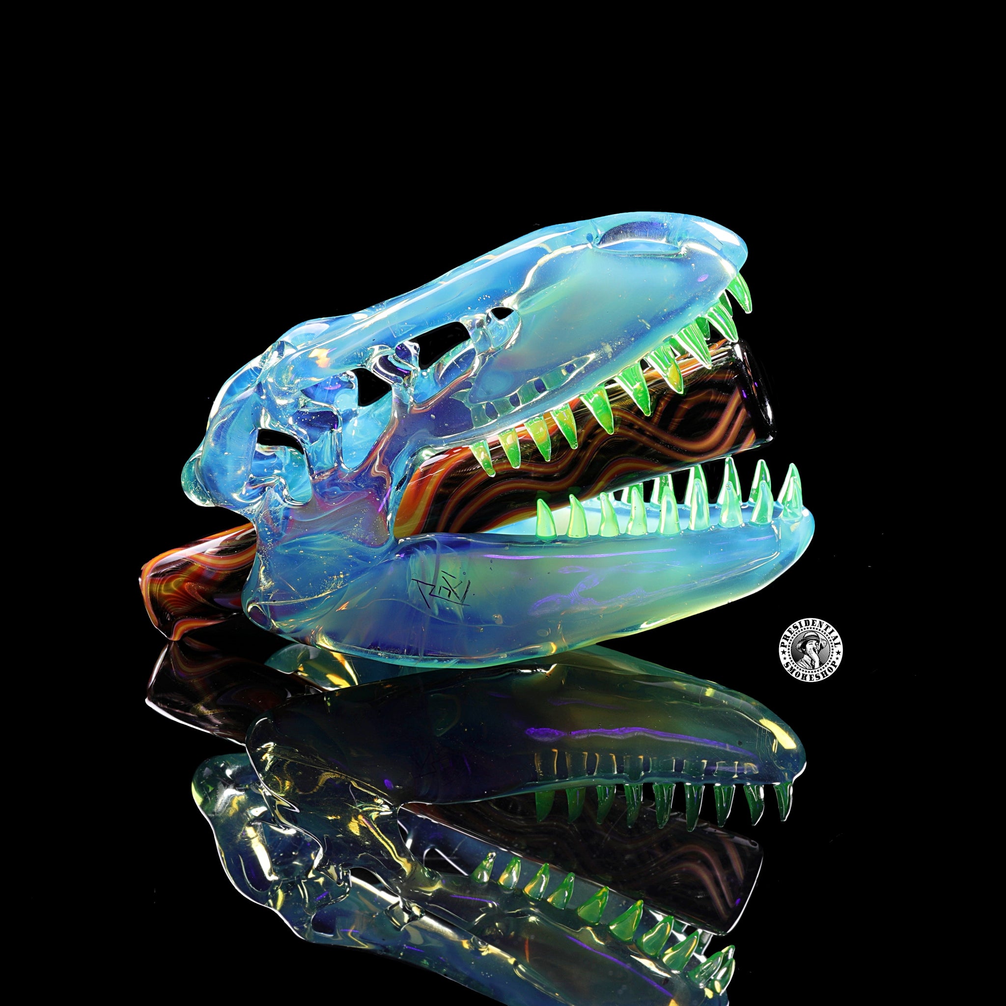 Roe Glass- Dragons Tear Fully Worked joint tip T-Rex Pendant