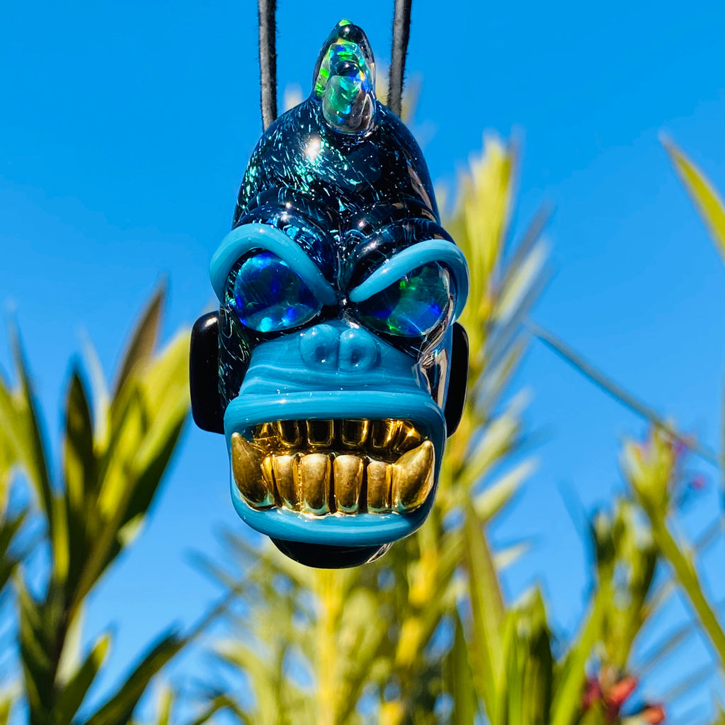 XL Growling Gorilla Pendant with Gold Grills Opal mohawk