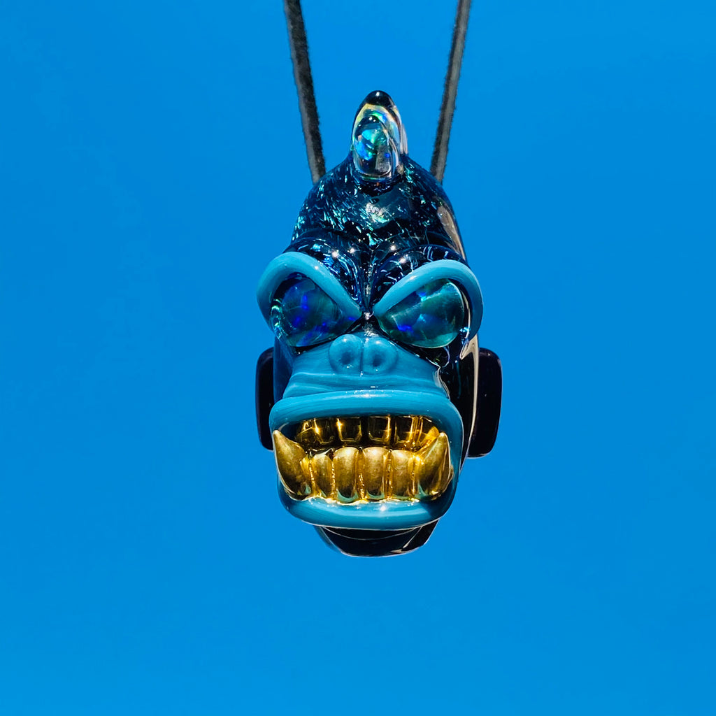 XL Growling Gorilla Pendant with Gold Grills Opal mohawk